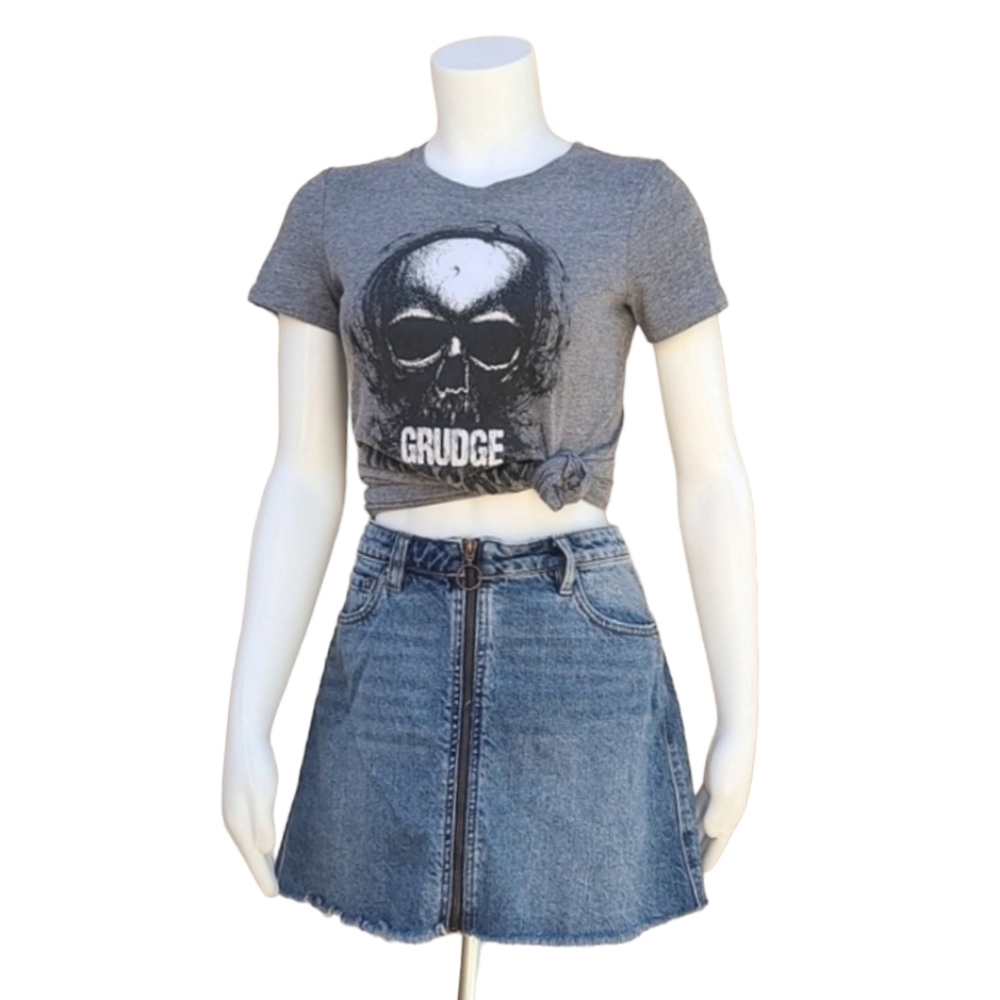 WE THE FREE PEOPLE Front Zipper Jean Skirt 28 M Denim Mini Frayed Hem 30" Waist - Picture 4 of 16